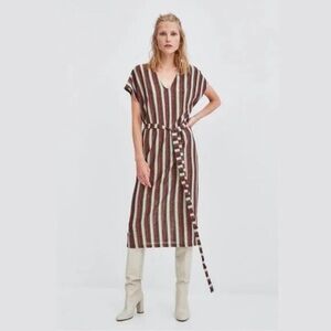 Zara Striped Knit Metail Effect Midi Dress